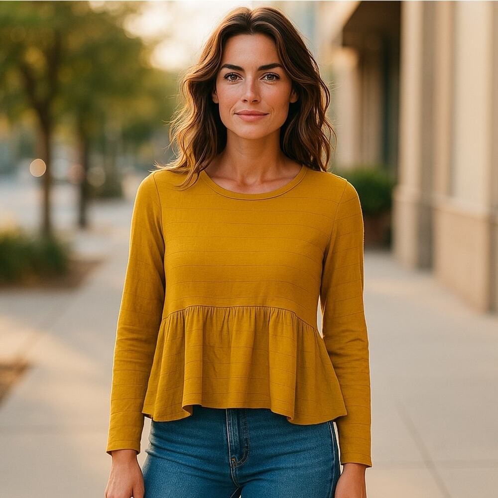 NWT ~ CHANCE Mustard Gold Sheer Eyelet Babydoll Tunic Top ~ Women's MEDIUM